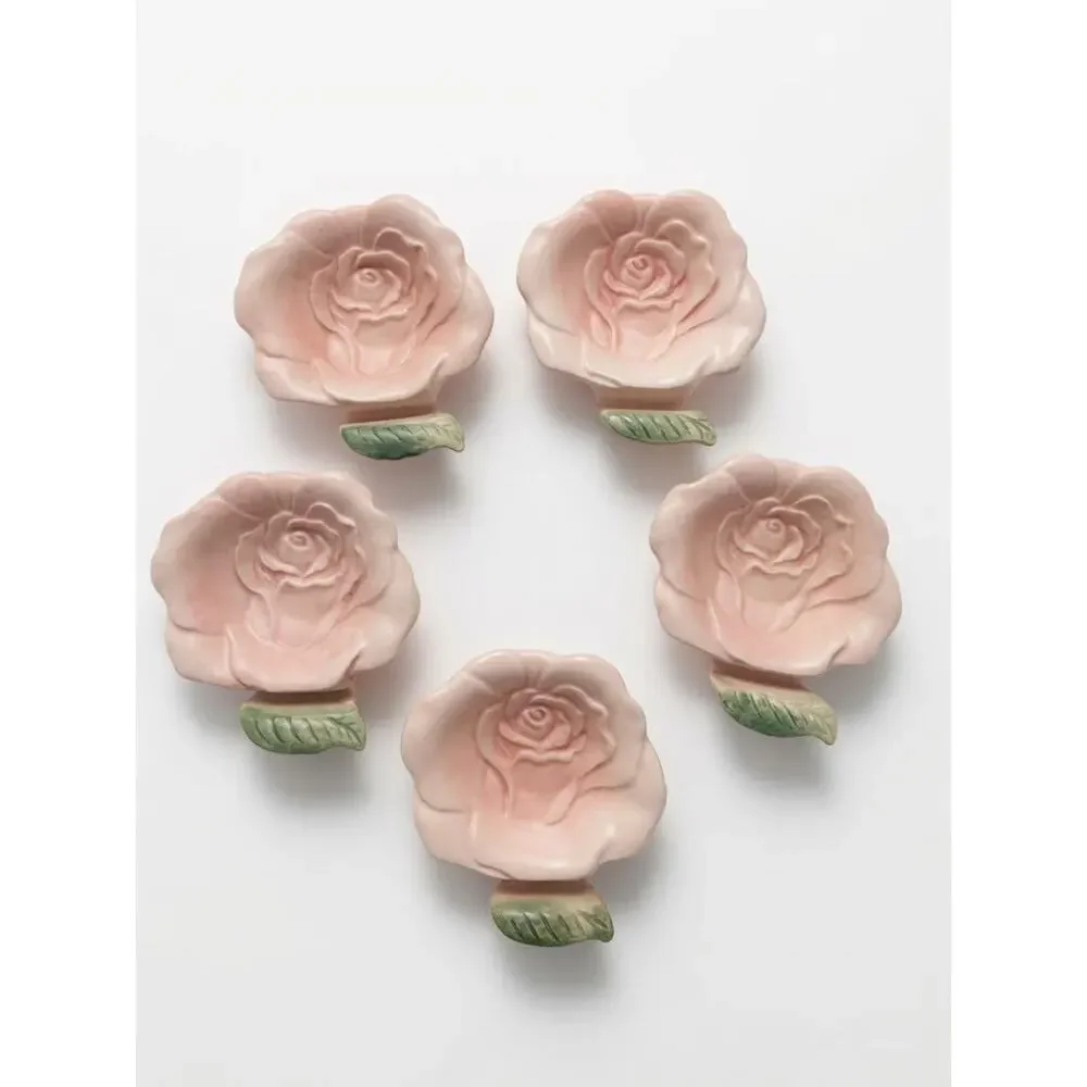 Fitz and Floyd Pink Rose Canape Dish Set with Spreader Knives 7 Piece
